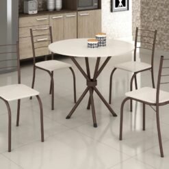 Conjunto Mesa Tubular Rio Marrom com 4 cadeiras Tampo Ardósia Circular Off White - 0,75x0,75