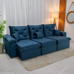Sofá Retrátil Reclinável Porto Madri 2.70m Veludo Azul - D28 Pró Aditivada