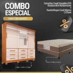 Roupeiro Casal Athenas Nature/Off 3 Portas 9 Gavetas C/ 1 Espelho e Pés 100% MDF Larg. 1.80m - Bianchi + Cama Box Casal Ortopédico Rondoconfort D33 - Rondomóveis