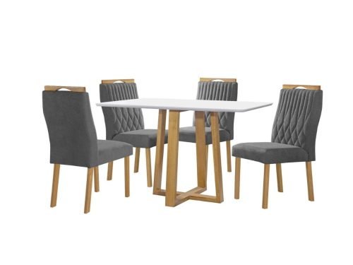 Mesa de Jantar Pedro 90x90 Com 4 Cadeiras Genova - Cinamomo/Off White/Cinza Veludo