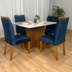 Mesa de Jantar Helo 1.20x0.90 Com 4 Cadeiras Jasmim - Mel/Off White/Azul Veludo