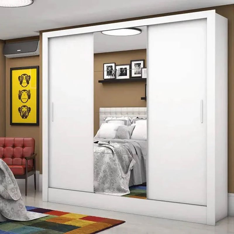 Roupeiro Dubai C/Espelho 3 Pts. 3 Gav. Branco Larg. 1.79m Carioca + Cama Box Casal Livina Molas Ensacadas 138x188x58 Orthoside - Imagem 2