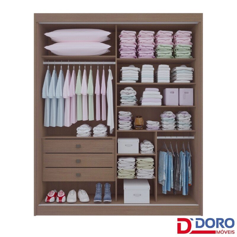 Roupeiro Atenas Castanho/Linho 2 Portas C/ 1 Espelho 3 Gavetas Portas Flex 100% MDF Larg. 1.85m - D Doro - Imagem 2