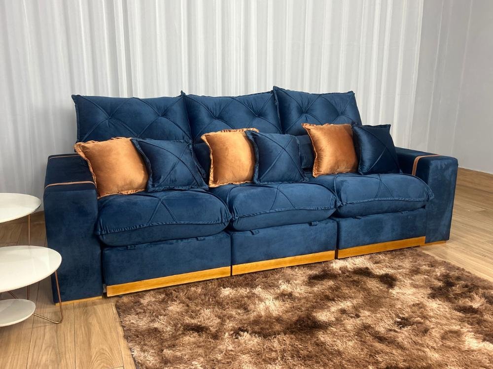 Sofá Retrátil Reclinável Pleno 3 Módulos 2.90m - Azul Veludo - Imagem 4