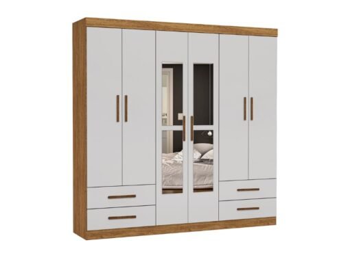 Guarda-Roupa Hércules c/ espelho 6 portas e 4 gavetas - Cinamomo/Off White