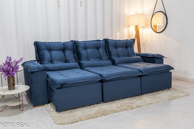 Sofá Retrátil Reclinável Grécia 2.70m Veludo Azul - Sem Caixa