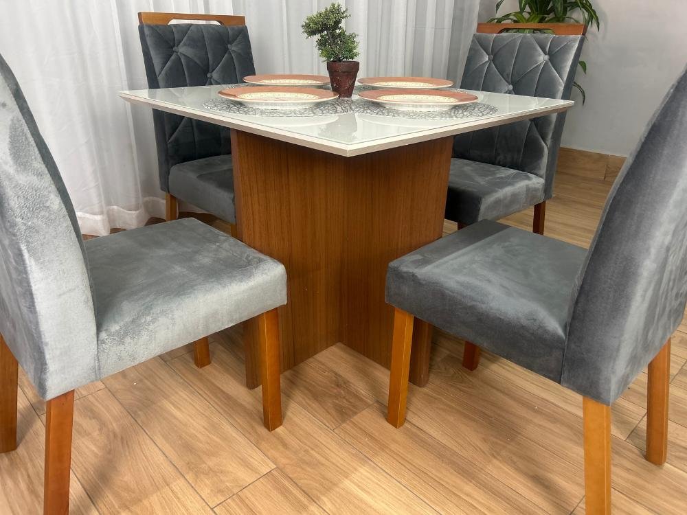 Mesa de Jantar Helo 0.90x0.90 Com 4 Cadeiras Jasmim - Mel/Off White/Cinza Veludo - Imagem 9