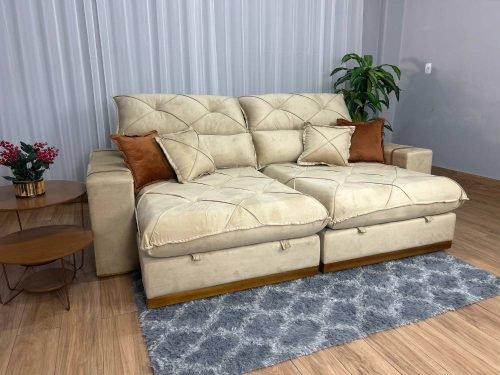 Sofá Retrátil Reclinável Pleno 2.50m - Bege Veludo