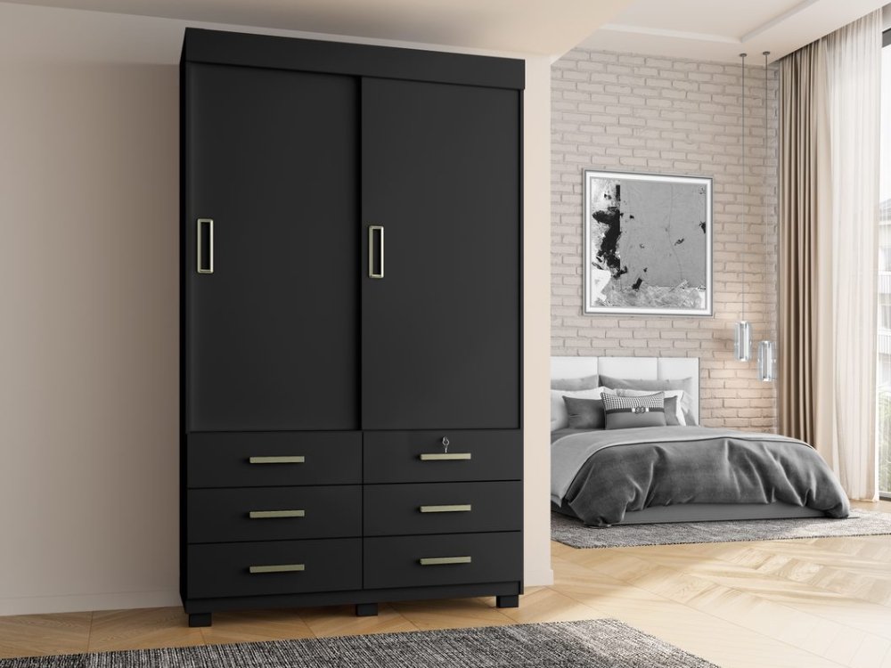 Guarda-Roupa Buzios 2 portas de correr Sem espelho 6 gavetas - Preto