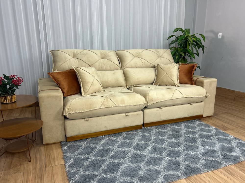 Sofá Retrátil Reclinável Pleno 2.10m - Bege Veludo - Imagem 3