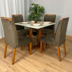 Mesa de Jantar Bali 90x90 Com 4 Cadeiras Isa - Cinamomo/Off White/Marrom Veludo