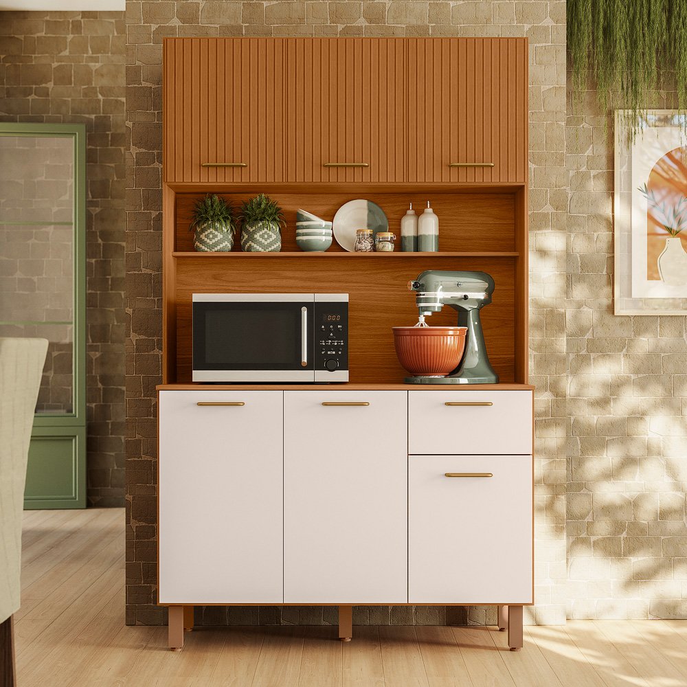 Armário de Cozinha Kit Lívia 1,10m - Freijó Ripado/ Off White