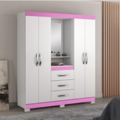 Roupeiro Solteiro NT 5015 Branco/Rosa 4 portas 3 Gavetas Flex C/Pés Larg. 1.61m - Notável