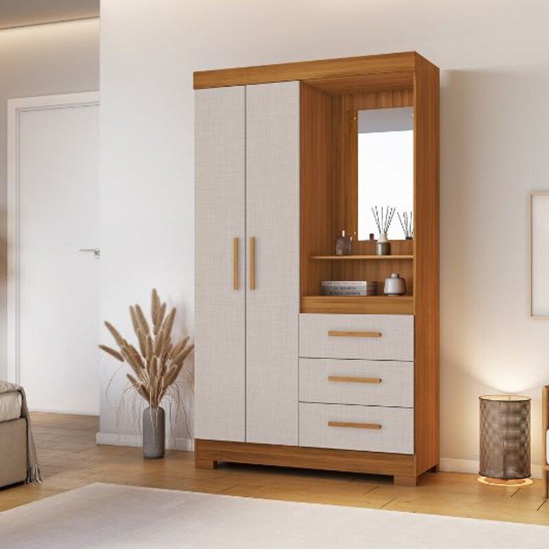 Roupeiro Solteiro NT 6020 Freijo/Off 2 portas 3 Gavetas Flex C/Pés Larg. 1.08m - Notável