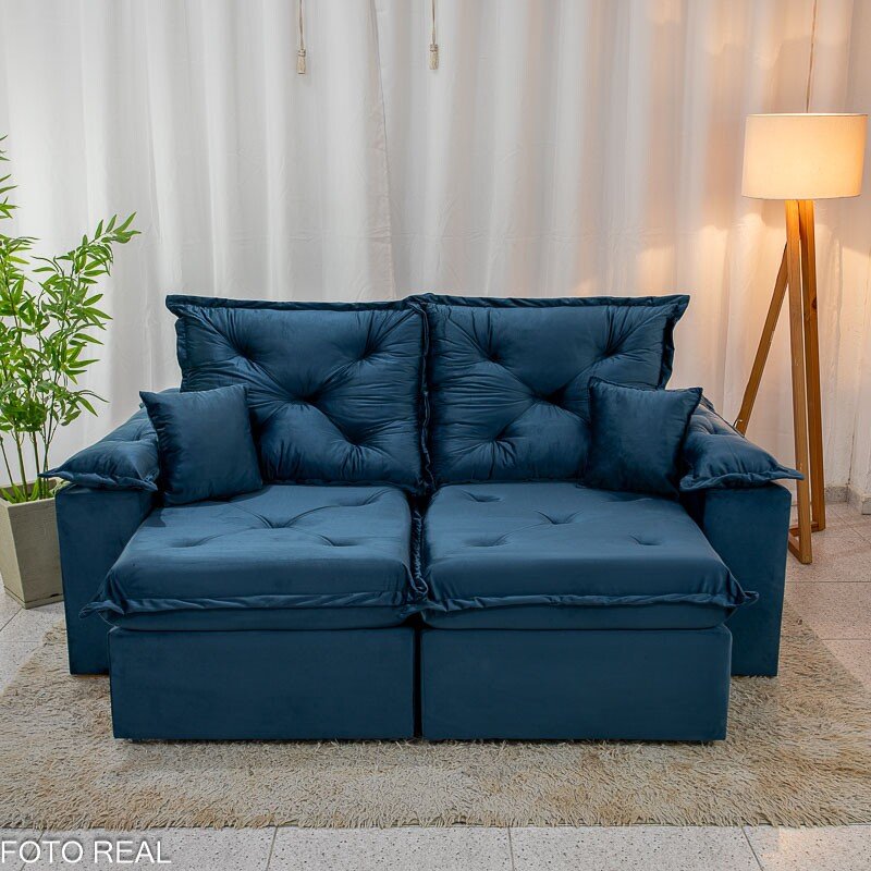 Sofá Retrátil Reclinável Porto Madri 2.00m Veludo Azul - D28 Pró Aditivada