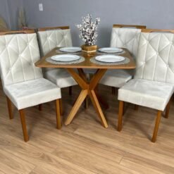 Mesa de Jantar Simpatia 0,90x0,90 Quadrada Com 4 cadeiras Jasmim - Cinamomo/Bege
