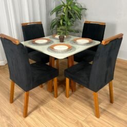 Mesa de Jantar Bali 90x90 Com 4 Cadeiras Isa - Cinamomo/Off White/Preta