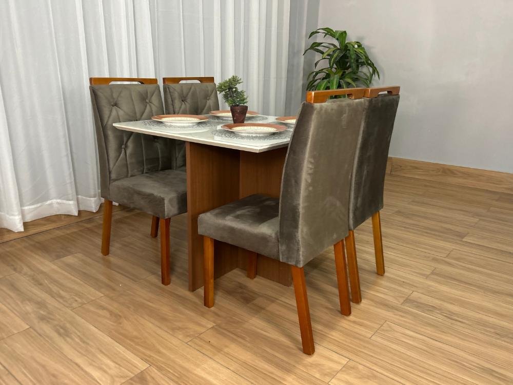 Mesa de Jantar Helo 0.90x0.90 Com 4 Cadeiras Jasmim - Mel/Off White/Marrom Veludo - Imagem 6