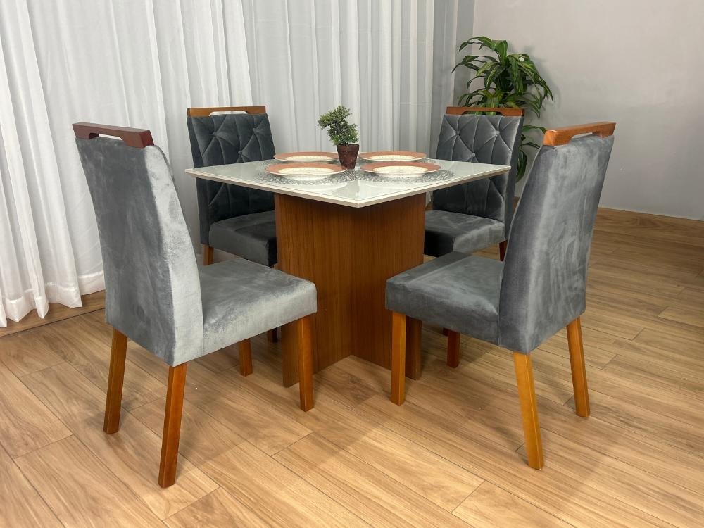 Mesa de Jantar Helo 0.90x0.90 Com 4 Cadeiras Jasmim - Mel/Off White/Cinza Veludo - Imagem 7