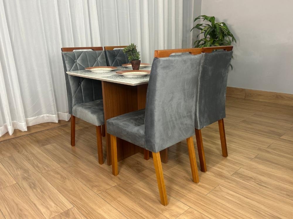 Mesa de Jantar Helo 0.90x0.90 Com 4 Cadeiras Jasmim - Mel/Off White/Cinza Veludo - Imagem 4