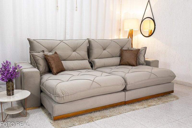 Sofá Retrátil Reclinável Gran Bello 2.90m Veludo Capuccino - Molas Ensacadas