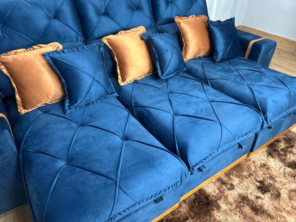Sofá Retrátil Reclinável Pleno 3 Módulos 2.90m - Azul Veludo - Imagem 6