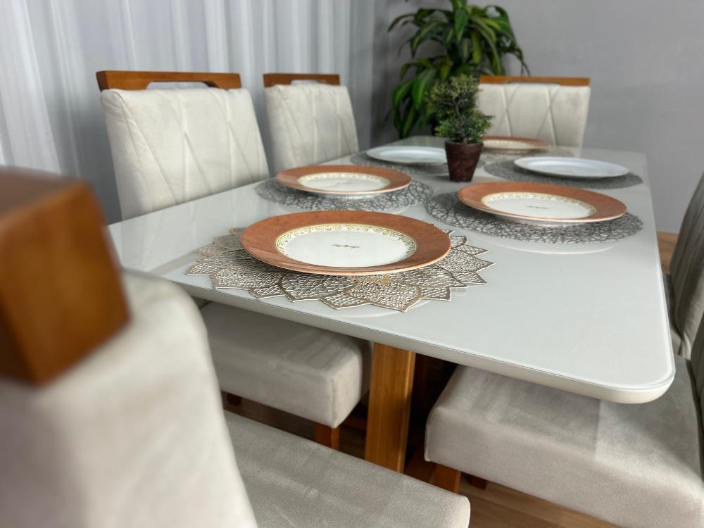 Mesa de Jantar Bali 1.60×0.80 Com 6 Cadeiras Isa – Cinamomo/Off White/Bege Veludo - Imagem 6