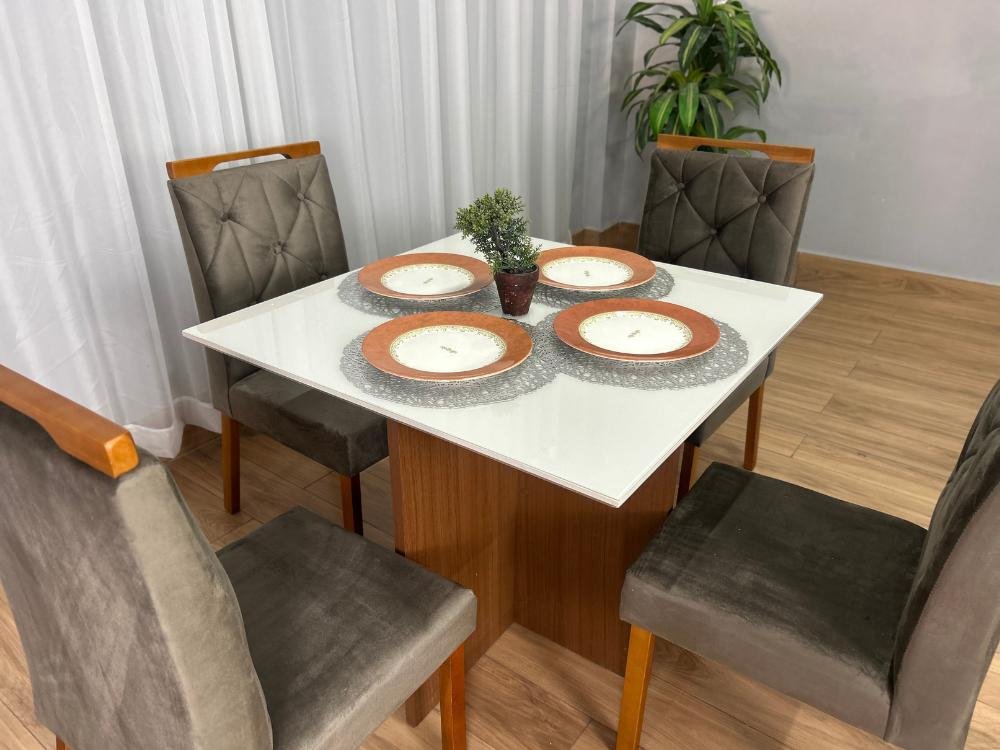 Mesa de Jantar Helo 0.90x0.90 Com 4 Cadeiras Jasmim - Mel/Off White/Marrom Veludo - Imagem 5