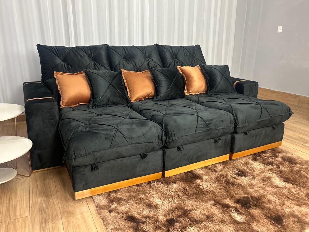 Sofá Retrátil Reclinável Pleno 3 Módulos 2.90m - Preto Veludo