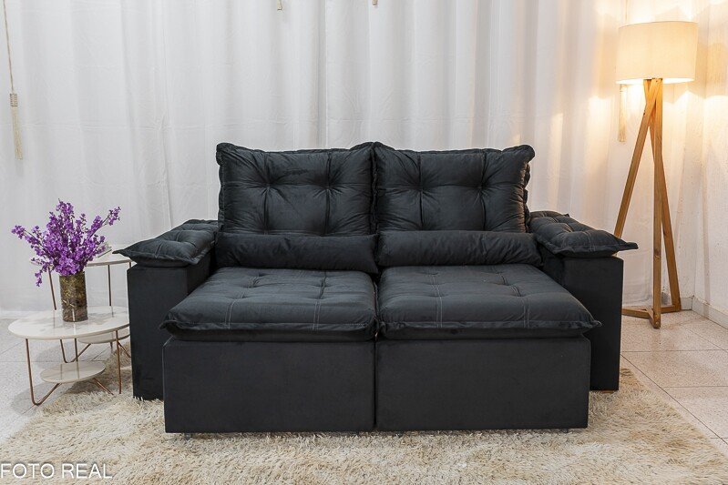 Sofá Retrátil Reclinável Grécia 2.00m Veludo Preto - Sem caixa - Imagem 4