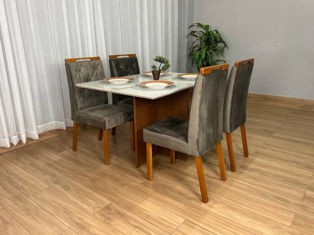 Mesa de Jantar Helo 1.20x0.90 Com 4 Cadeiras Jasmim - Mel/Off White/Marrom Veludo - Imagem 6