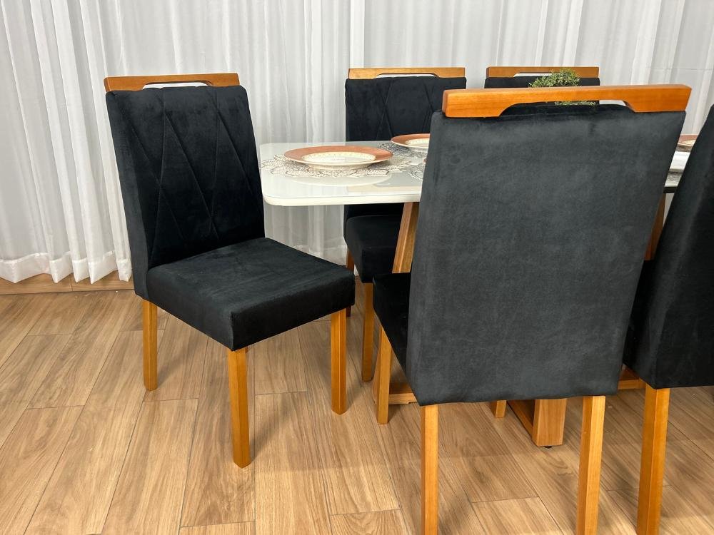 Mesa de Jantar Bali 1.60×0.80 Com 6 Cadeiras Isa – Cinamomo/Off White/Preto Veludo - Imagem 6