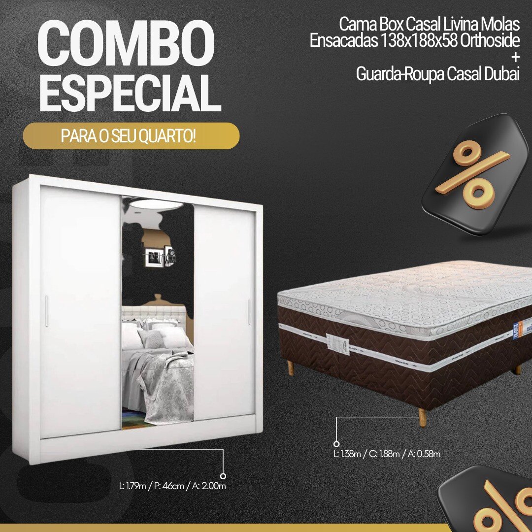Roupeiro Dubai C/Espelho 3 Pts. 3 Gav. Branco Larg. 1.79m Carioca + Cama Box Casal Livina Molas Ensacadas 138x188x58 Orthoside