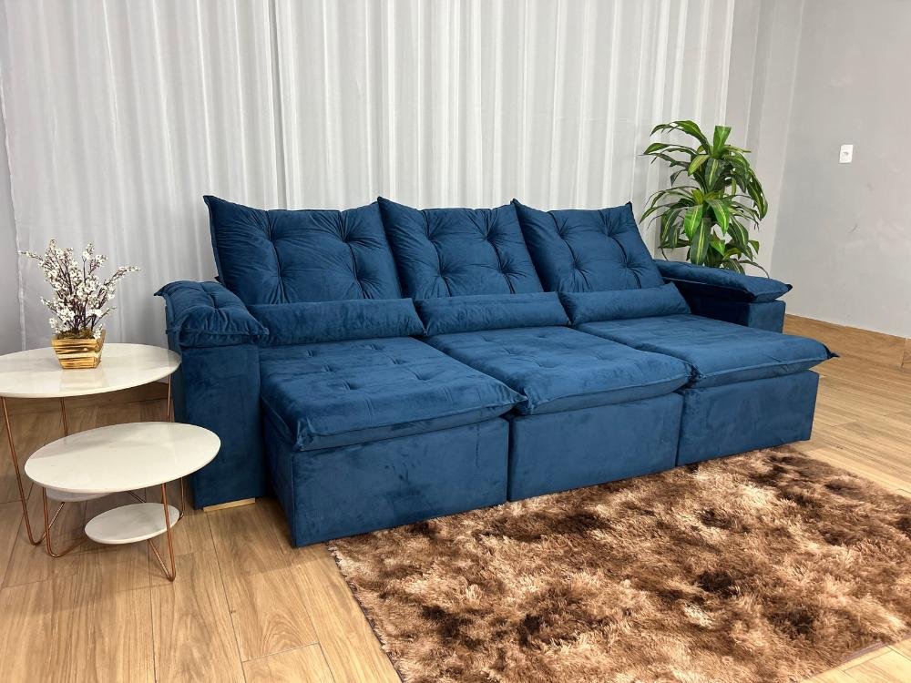 Sofá Retrátil Reclinável Atenas 2.70m - Azul Veludo