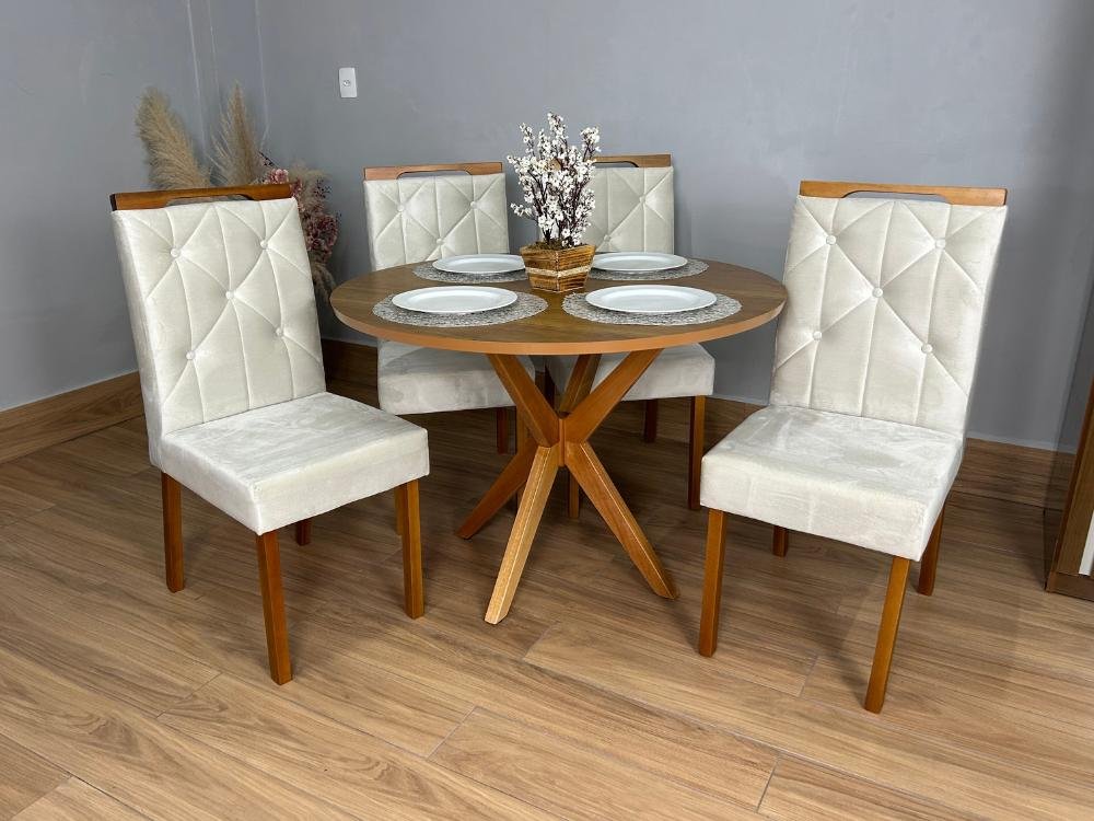 Mesa de Jantar Simpatia 1.08x1.08 Circular Com 4 cadeiras Jasmim - Cinamomo/Bege - Imagem 3
