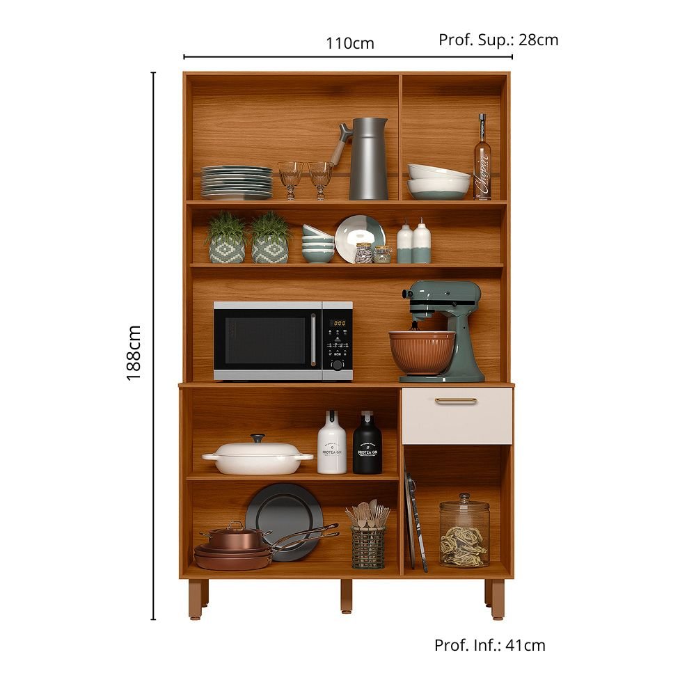 Armário de Cozinha Kit Lívia 1,10m - Freijó Ripado/ Off White - Imagem 2