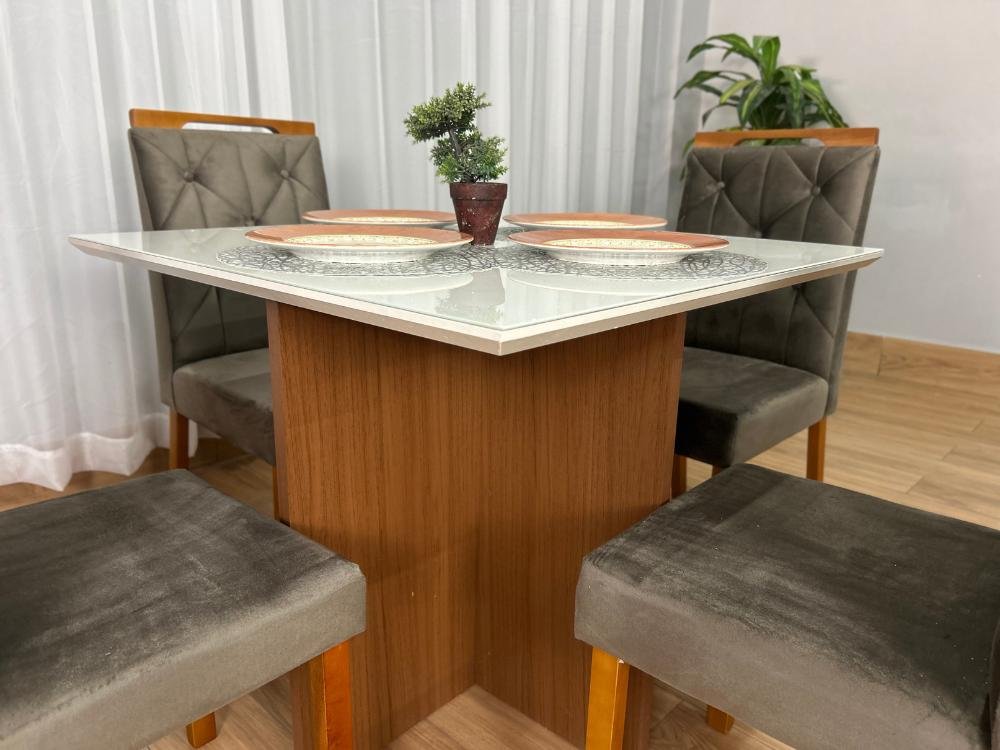 Mesa de Jantar Helo 0.90x0.90 Com 4 Cadeiras Jasmim - Mel/Off White/Marrom Veludo - Imagem 3