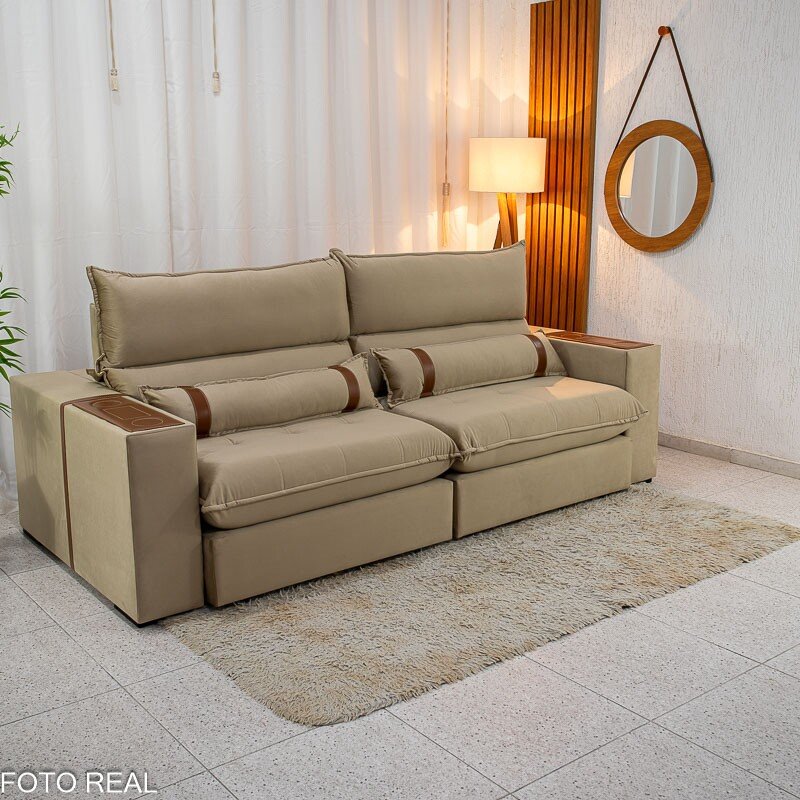Sofá Retrátil Reclinável Ravello 2.50m Veludo Bege 3040/04 - Molas Ensacadas Pockets - Imagem 3