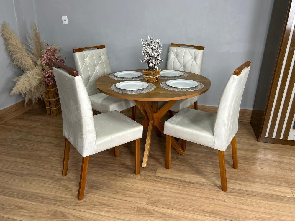 Mesa de Jantar Simpatia 1.08x1.08 Circular Com 4 cadeiras Jasmim - Cinamomo/Bege - Imagem 2