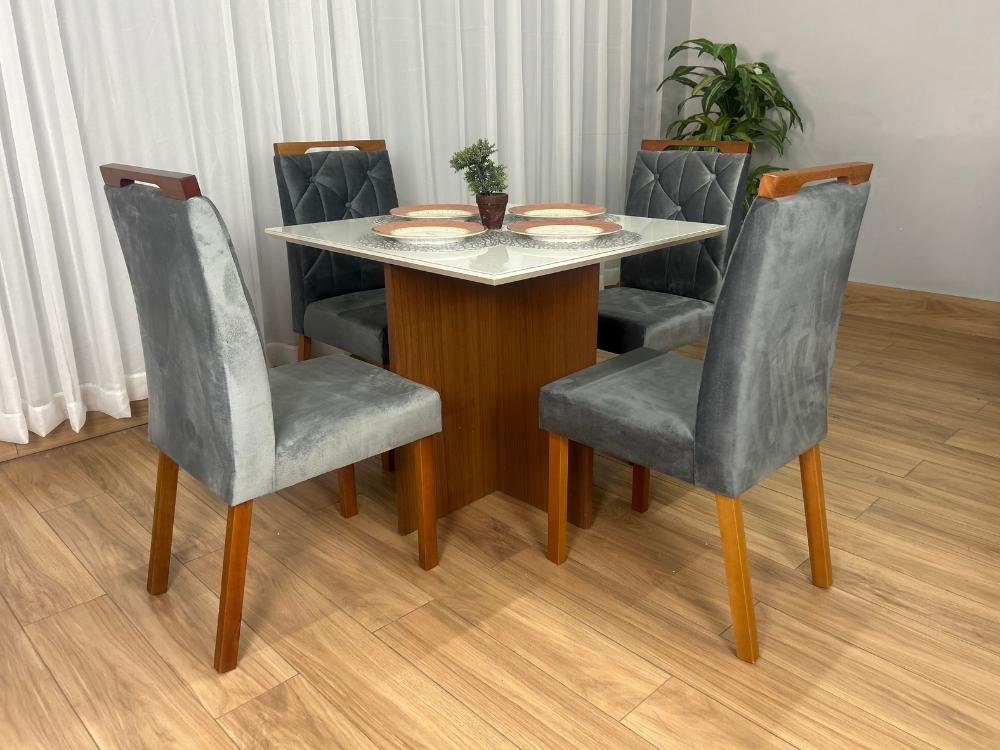 Mesa de Jantar Helo 0.90x0.90 Com 4 Cadeiras Jasmim - Mel/Off White/Cinza Veludo - Imagem 5