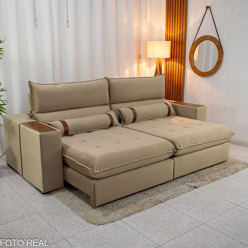 Sofá Retrátil Reclinável Ravello 2.50m Veludo Bege 3040/04 - Molas Ensacadas Pockets - Imagem 2