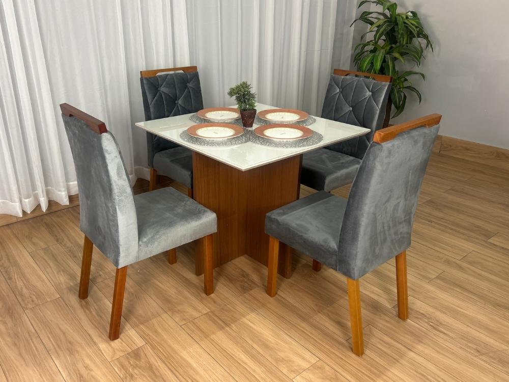 Mesa de Jantar Helo 0.90x0.90 Com 4 Cadeiras Jasmim - Mel/Off White/Cinza Veludo