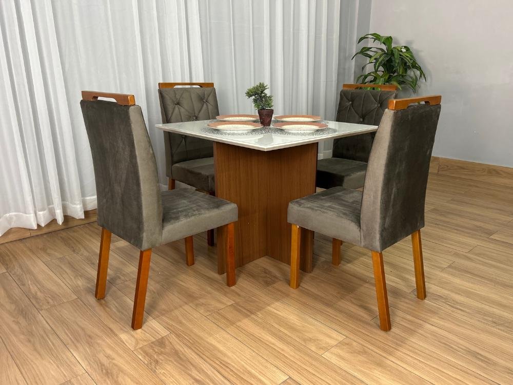 Mesa de Jantar Helo 0.90x0.90 Com 4 Cadeiras Jasmim - Mel/Off White/Marrom Veludo