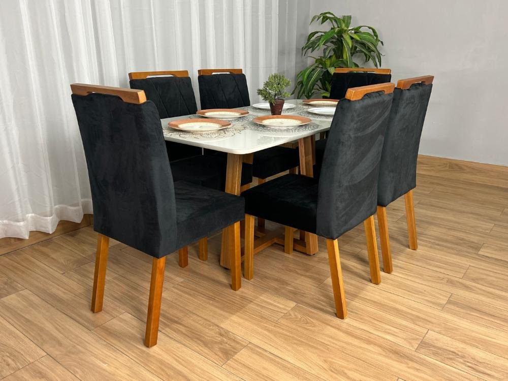 Mesa de Jantar Bali 1.60×0.80 Com 6 Cadeiras Isa – Cinamomo/Off White/Preto Veludo