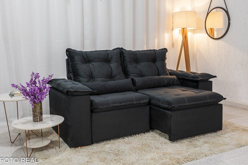 Sofá Retrátil Reclinável Grécia 2.00m Veludo Preto - Sem caixa - Imagem 2