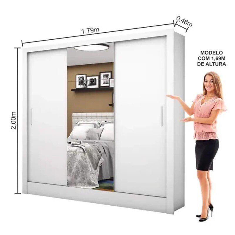 Roupeiro Dubai C/Espelho 3 Pts. 3 Gav. Branco Larg. 1.79m Carioca + Cama Box Casal Livina Molas Ensacadas 138x188x58 Orthoside - Imagem 6