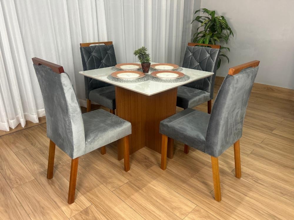 Mesa de Jantar Helo 0.90x0.90 Com 4 Cadeiras Jasmim - Mel/Off White/Cinza Veludo - Imagem 6
