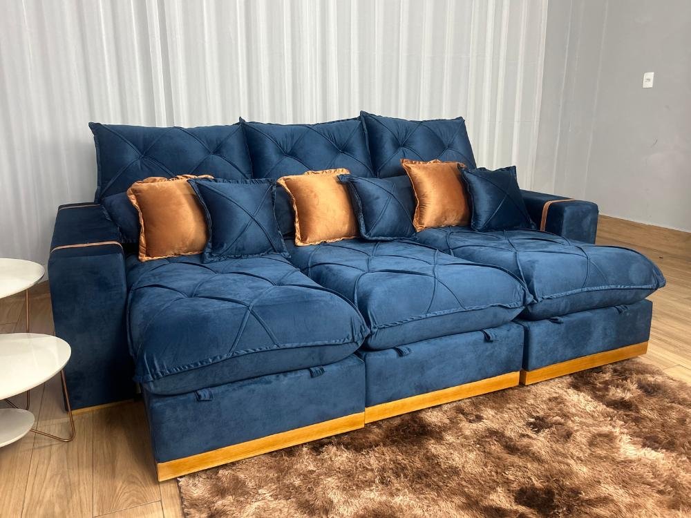 Sofá Retrátil Reclinável Pleno 3 Módulos 2.90m - Azul Veludo