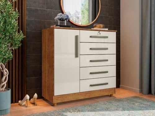 Cômoda Vitória 5 gavetas 1 porta - Cedro/Areia
