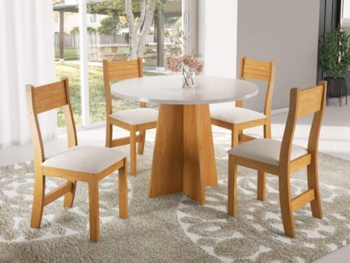 Mesa de Jantar Flipp Circular 0.90 Com 4 Cadeiras Brisa - Mel Blonde/Off white/Pastel